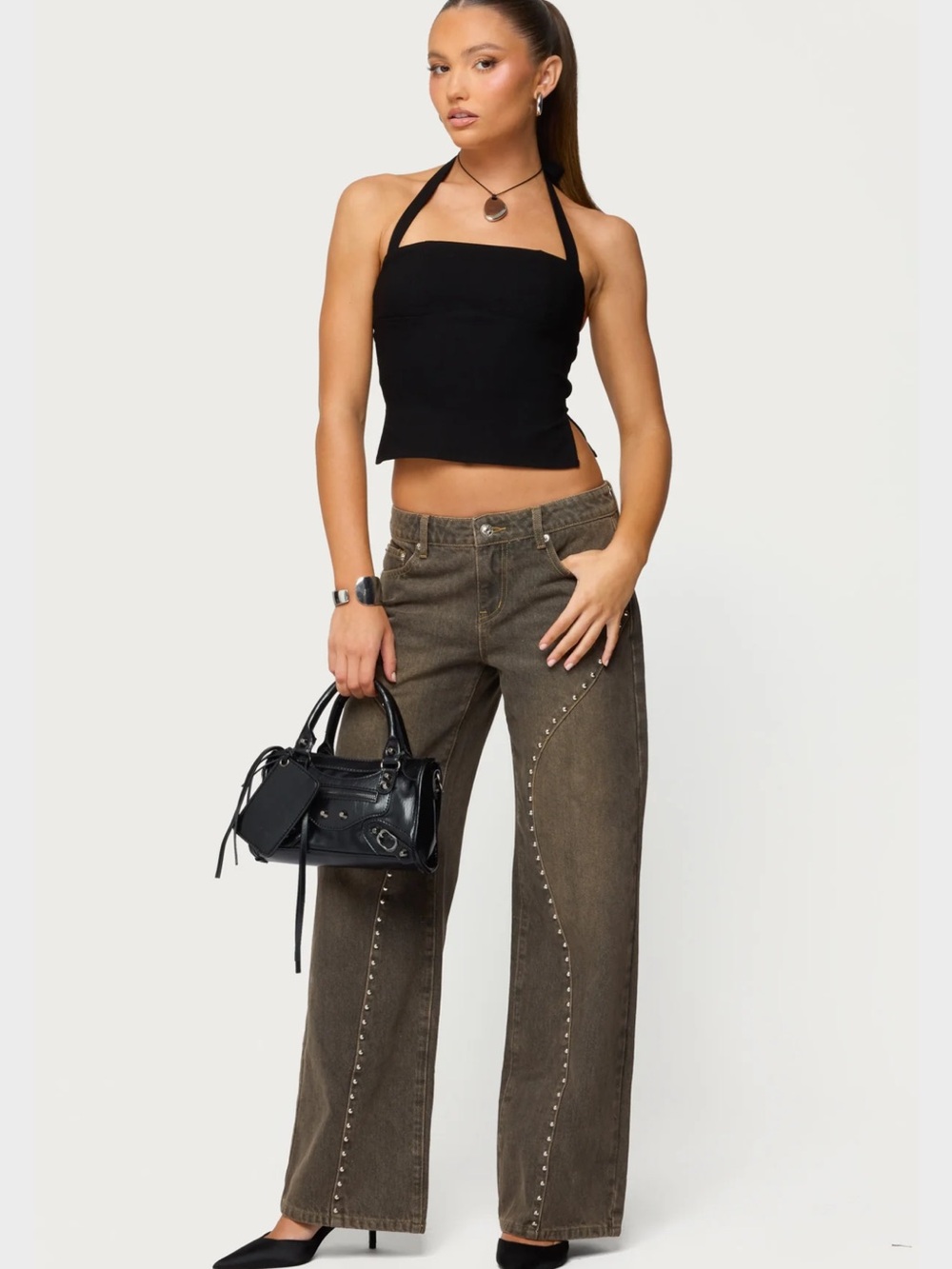 Edikted Olive Wide-Leg Studded Jeans